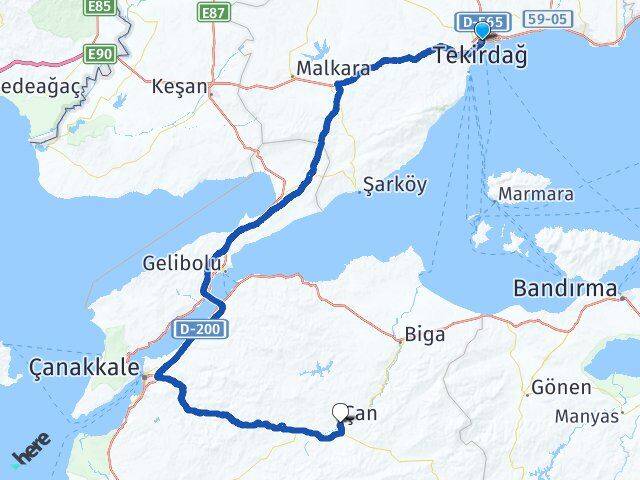 Tekirdağ Çan Çanakkale Arası Kaç Km - Yol Haritası
