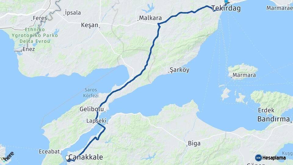 Tekirdağ Çanakkale Arası Kaç Km - Yol Haritası