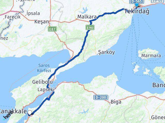 Tekirdağ Çanakkale Havalimanı Arası Kaç Km - Yol Haritası