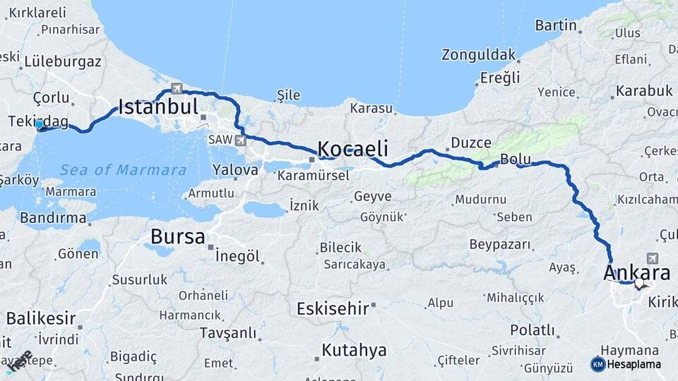 Tekirdağ Çankaya Ankara Arası Kaç Km - Yol Haritası