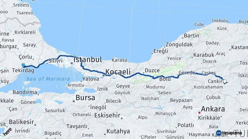 Tekirdağ Çankırı Arası Kaç Km - Yol Haritası