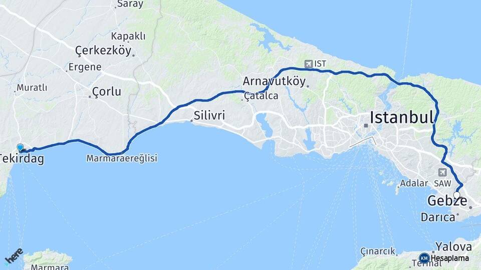 Tekirdağ Çayırova Kocaeli Arası Kaç Km - Yol Haritası