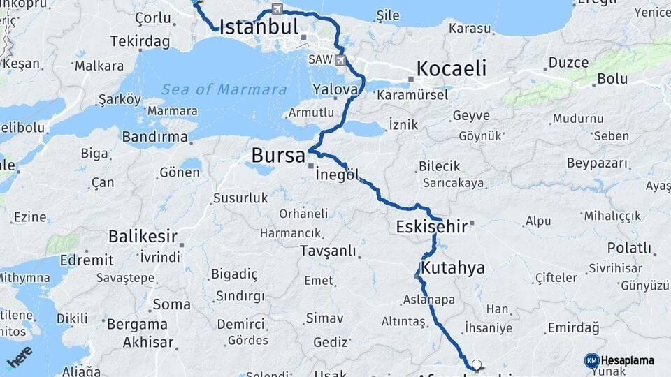 Tekirdağ Çerkezköy Afyonkarahisar Arası Kaç Km - Yol Haritası