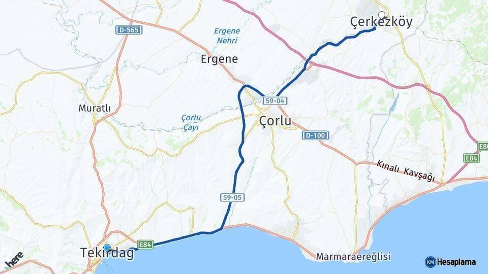 Tekirdağ Çerkezköy Arası Kaç Km - Yol Haritası