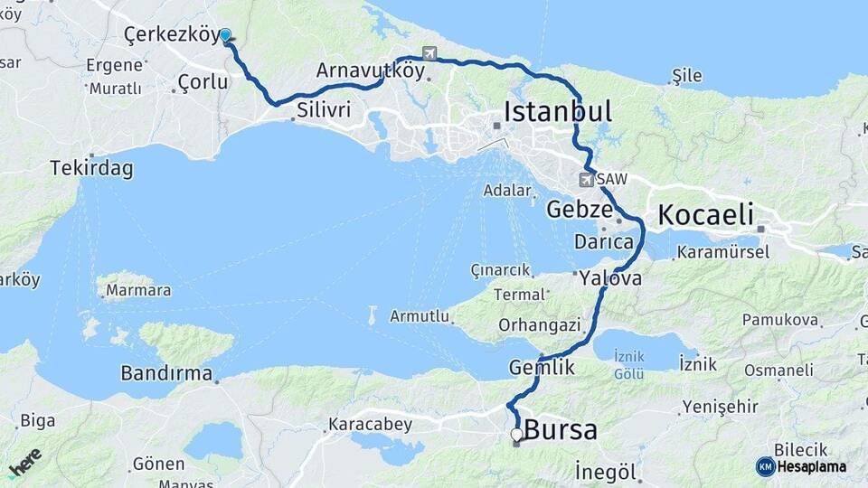 Tekirdağ Çerkezköy Bursa Arası Kaç Km - Yol Haritası