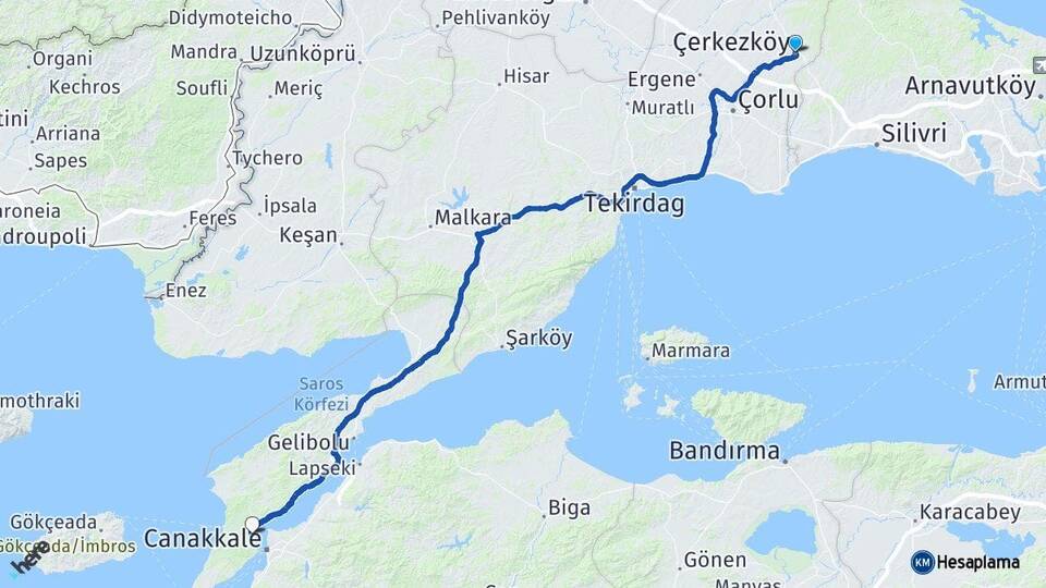 Tekirdağ Çerkezköy Eceabat Çanakkale Arası Kaç Km - Yol Haritası