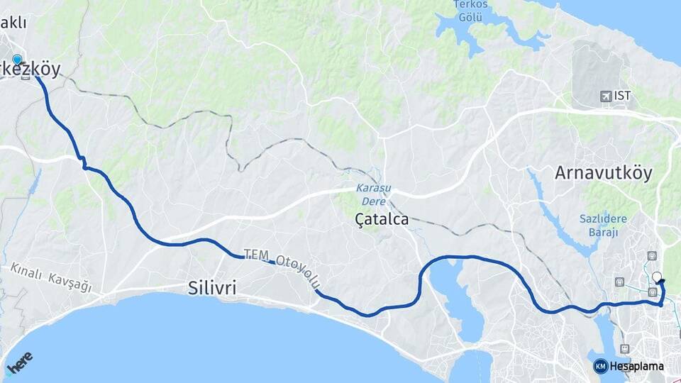 Tekirdağ Çerkezköy İkitelli OSB Başakşehir İstanbul Arası Kaç Km - Yol Haritası