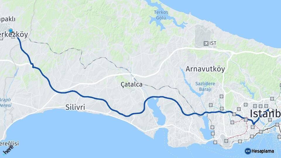 Tekirdağ Çerkezköy İstanbul Arası Kaç Km - Yol Haritası