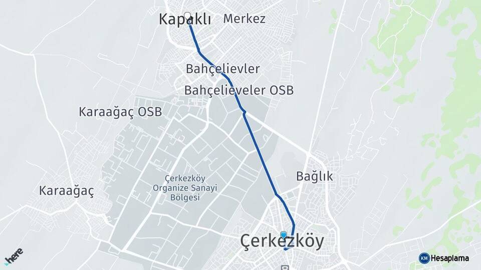 Tekirdağ Çerkezköy Kapaklı Arası Kaç Km - Yol Haritası