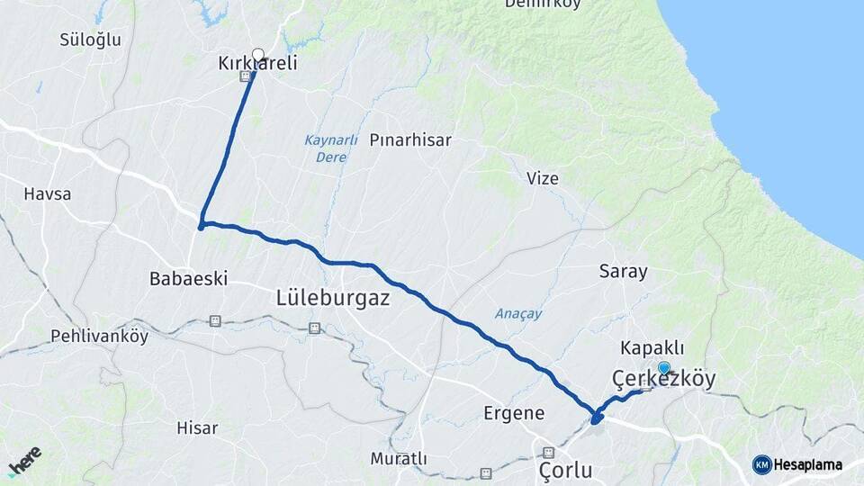 Tekirdağ Çerkezköy Kırklareli Arası Kaç Km - Yol Haritası