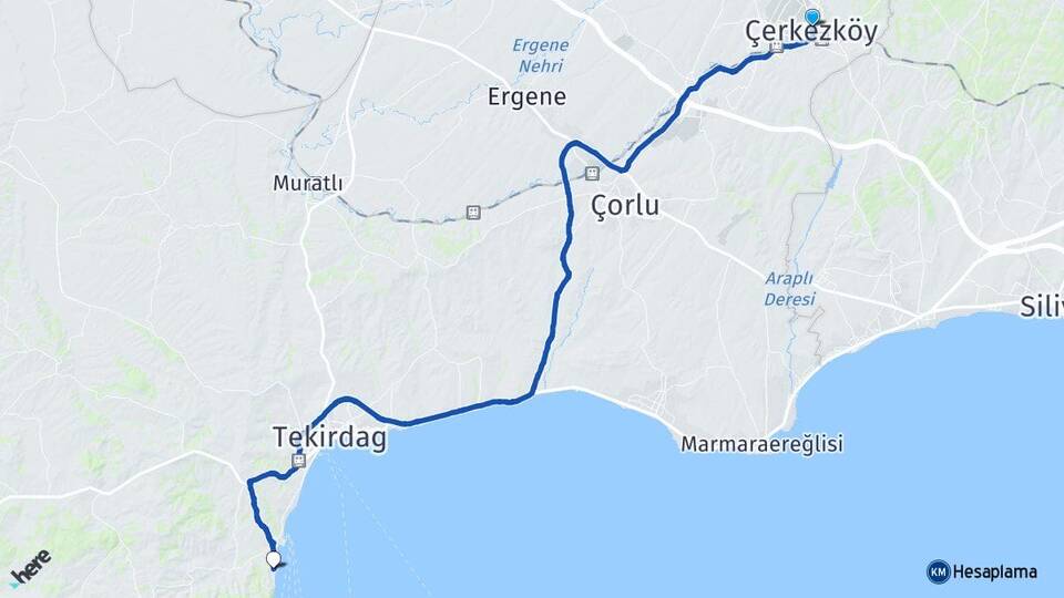 Tekirdağ Çerkezköy Kumbağ Süleymanpaşa Arası Kaç Km - Yol Haritası
