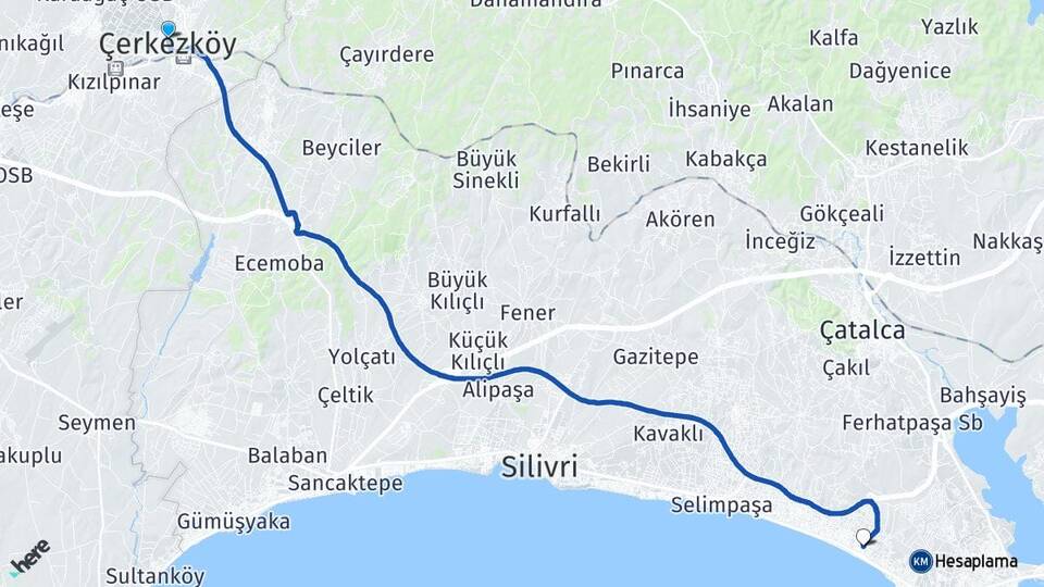 Tekirdağ Çerkezköy Kumburgaz Büyükçekmece İstanbul Arası Kaç Km - Yol Haritası