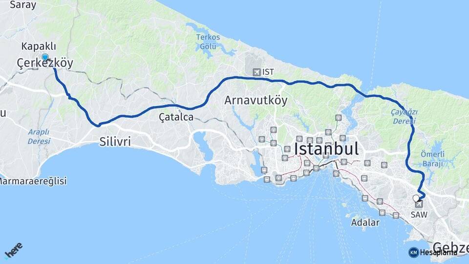 Tekirdağ Çerkezköy Kurtköy Pendik İstanbul Arası Kaç Km - Yol Haritası