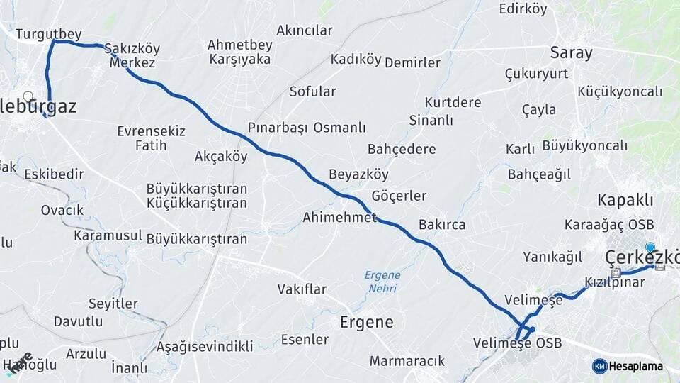 Tekirdağ Çerkezköy Lüleburgaz Kırklareli Arası Kaç Km - Yol Haritası