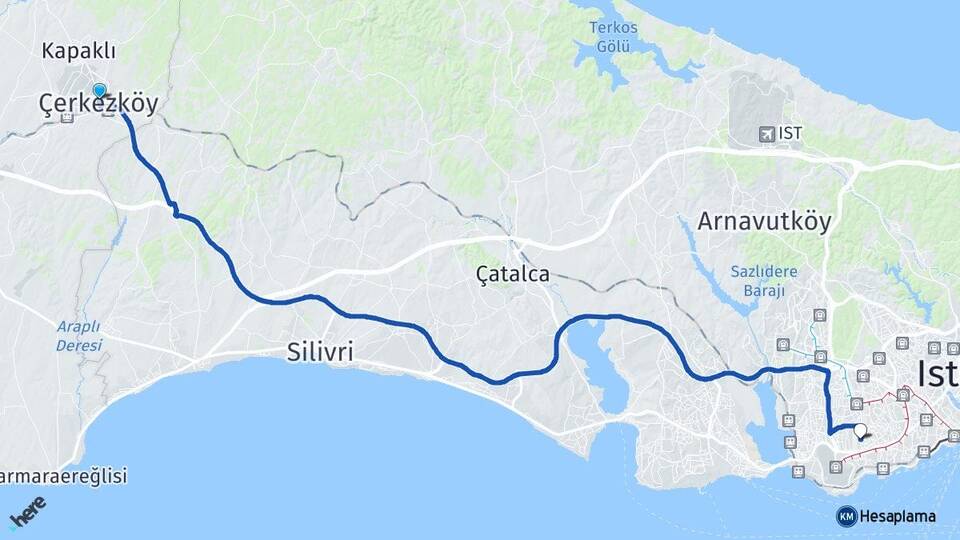Tekirdağ Çerkezköy Şirinevler Bahçelievler İstanbul Arası Kaç Km - Yol Haritası