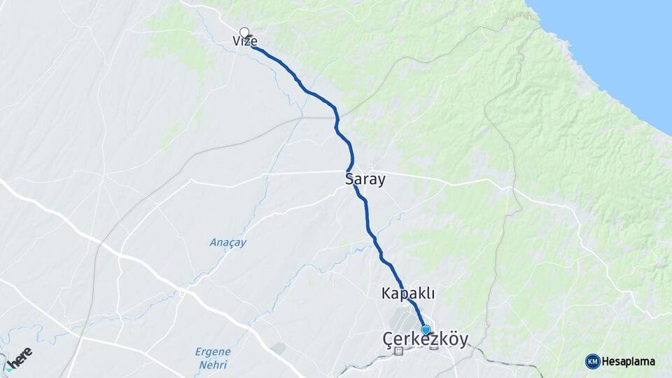 Tekirdağ Çerkezköy Vize Kırklareli Arası Kaç Km - Yol Haritası