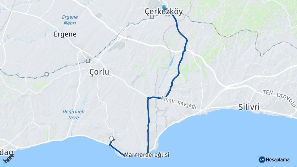 Tekirdağ Çerkezköy Yeniçiftlik Marmaraereğlisi Arası Kaç Km - Yol Haritası