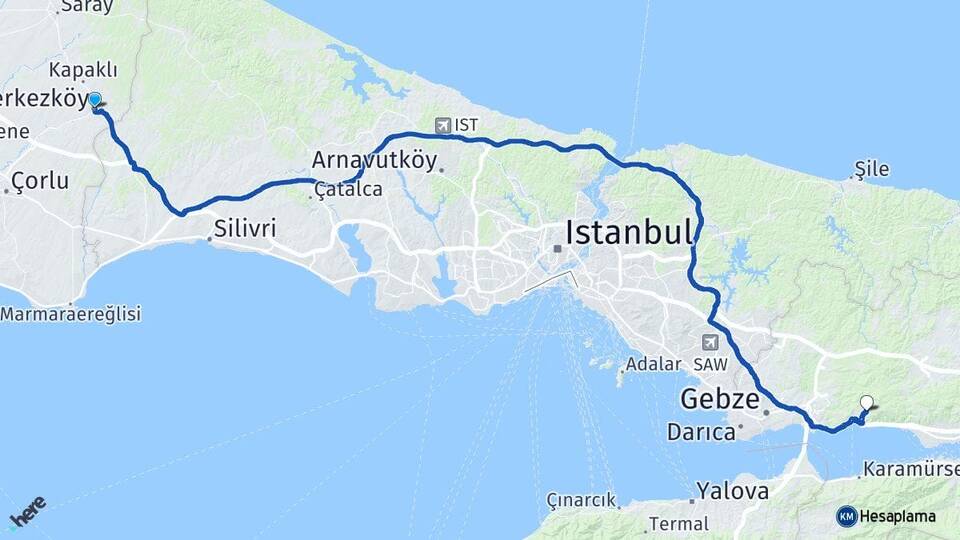 Tekirdağ Çerkezköy Yukarı Hereke Körfez Kocaeli Arası Kaç Km - Yol Haritası