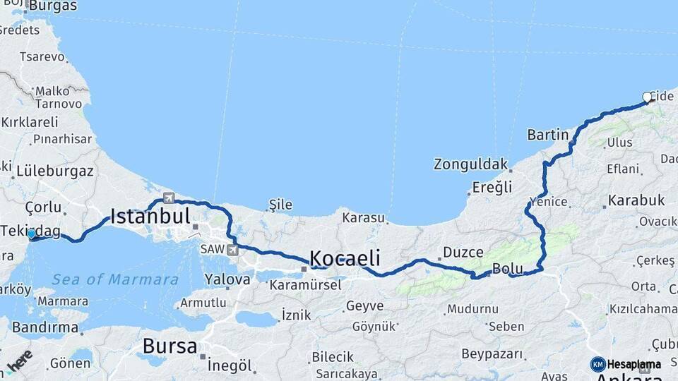 Tekirdağ Cide Kastamonu Arası Kaç Km - Yol Haritası