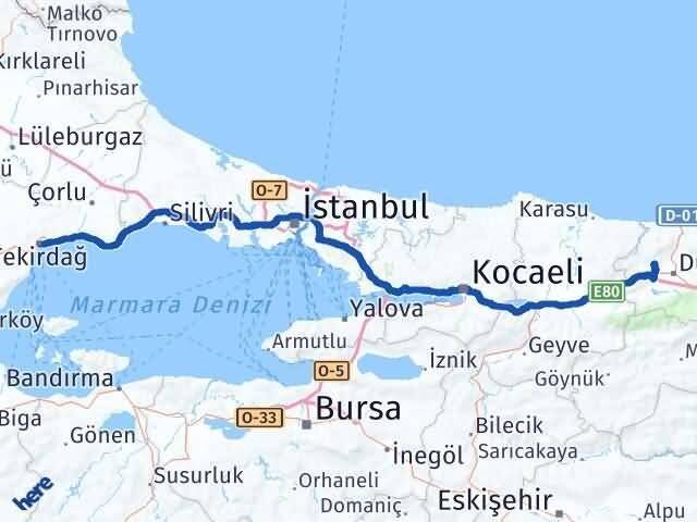 Tekirdağ Çilimli Düzce Arası Kaç Km - Yol Haritası