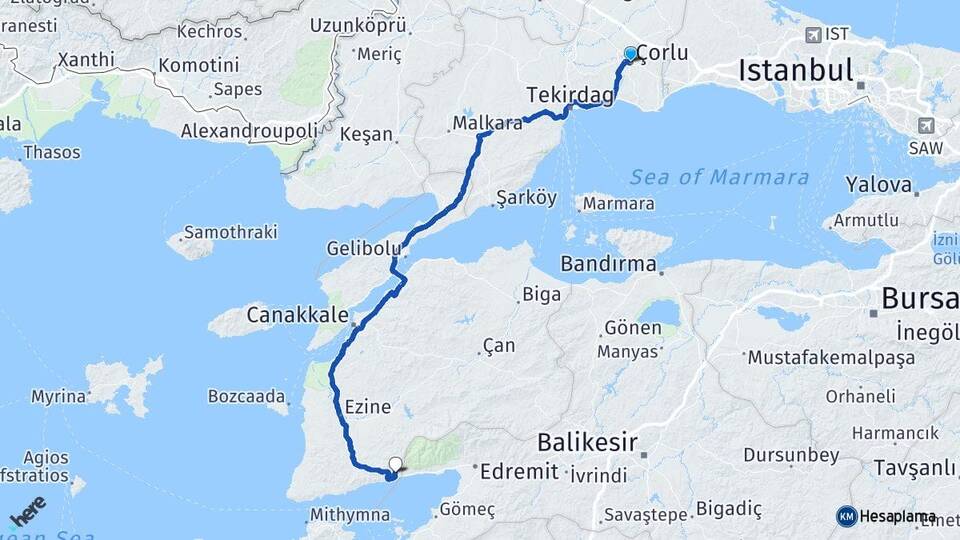Tekirdağ Çorlu Adatepe Ayvacık Çanakkale Arası Kaç Km - Yol Haritası