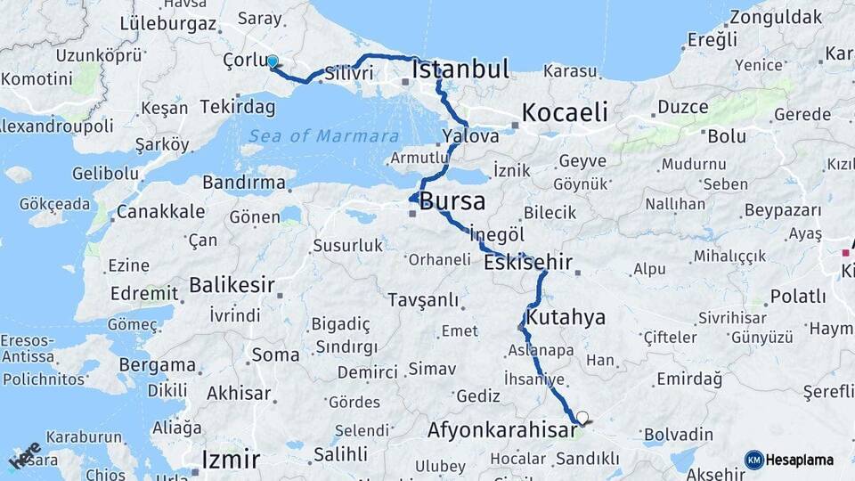 Tekirdağ Çorlu Afyonkarahisar Arası Kaç Km - Yol Haritası