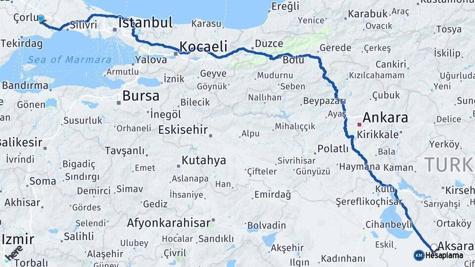 Tekirdağ Çorlu Aksaray Arası Kaç Km - Yol Haritası