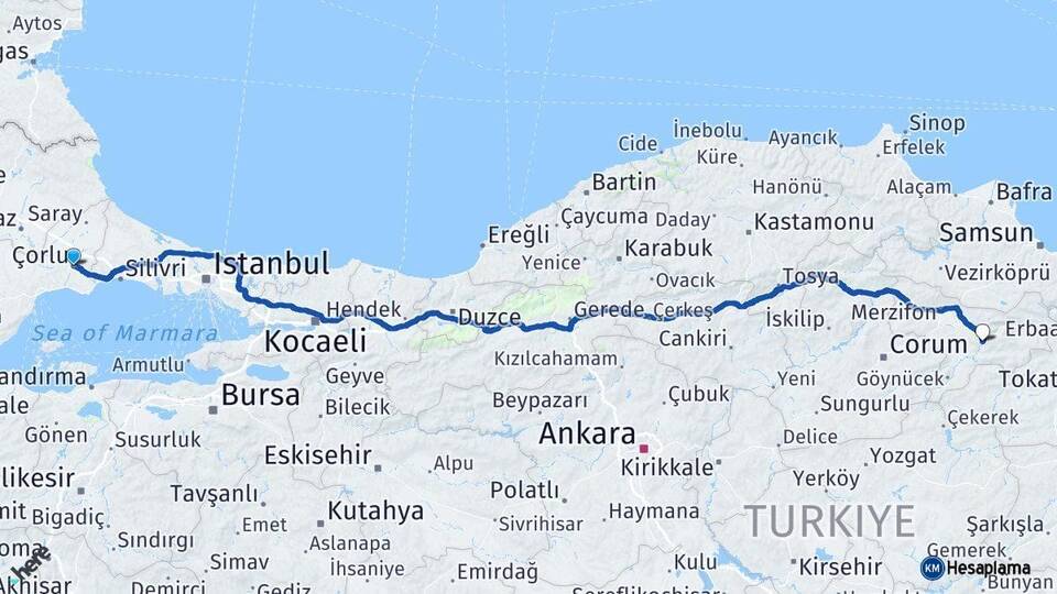 Tekirdağ Çorlu Amasya Arası Kaç Km - Yol Haritası