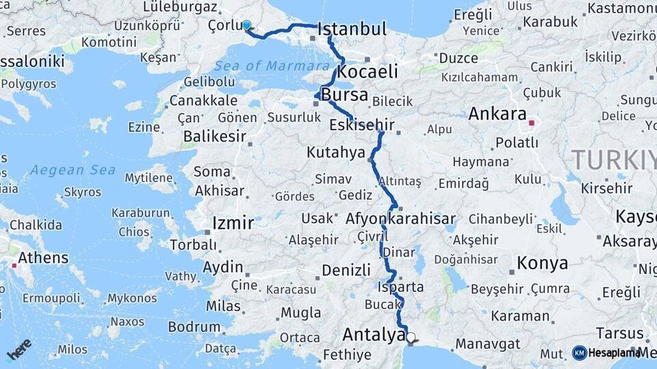 Tekirdağ Çorlu Antalya Arası Kaç Km - Yol Haritası