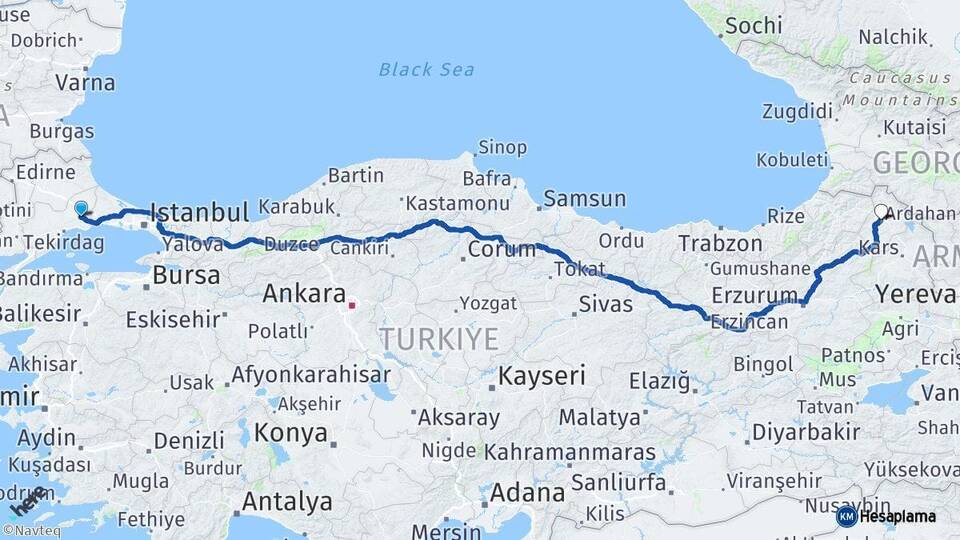 Tekirdağ Çorlu Ardahan Arası Kaç Km - Yol Haritası