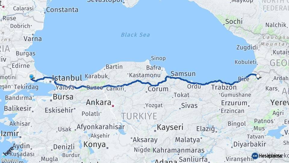 Tekirdağ Çorlu Artvin Arası Kaç Km - Yol Haritası