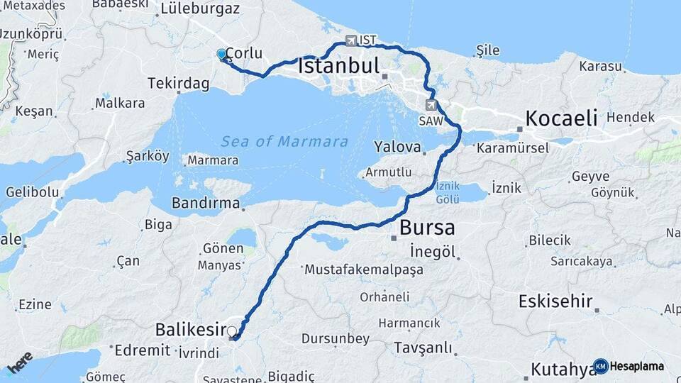 Tekirdağ Çorlu Balıkesir Arası Kaç Km - Yol Haritası