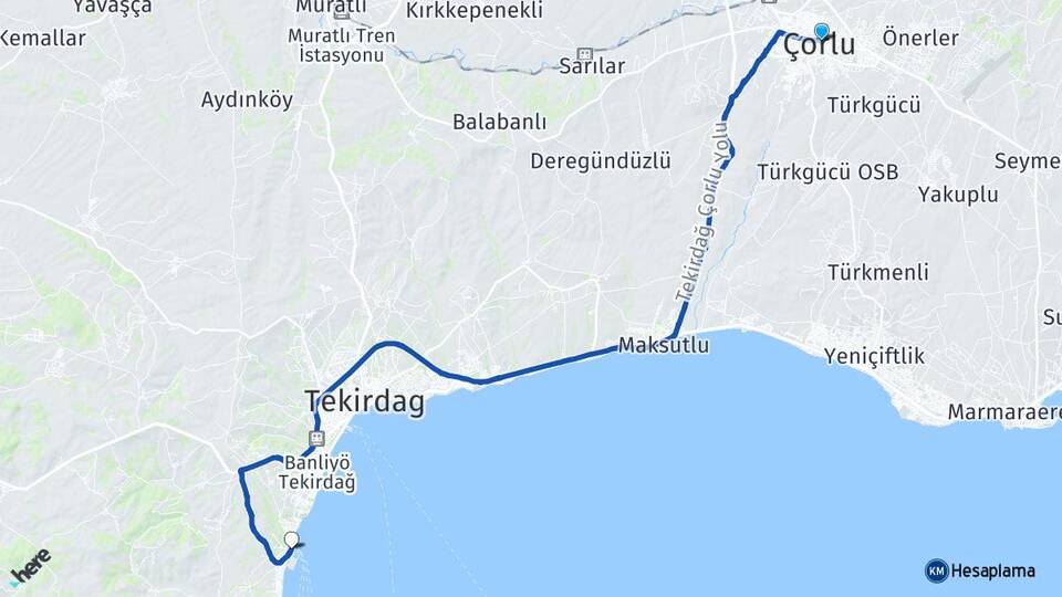 Tekirdağ Çorlu Barbaros Süleymanpaşa Arası Kaç Km - Yol Haritası