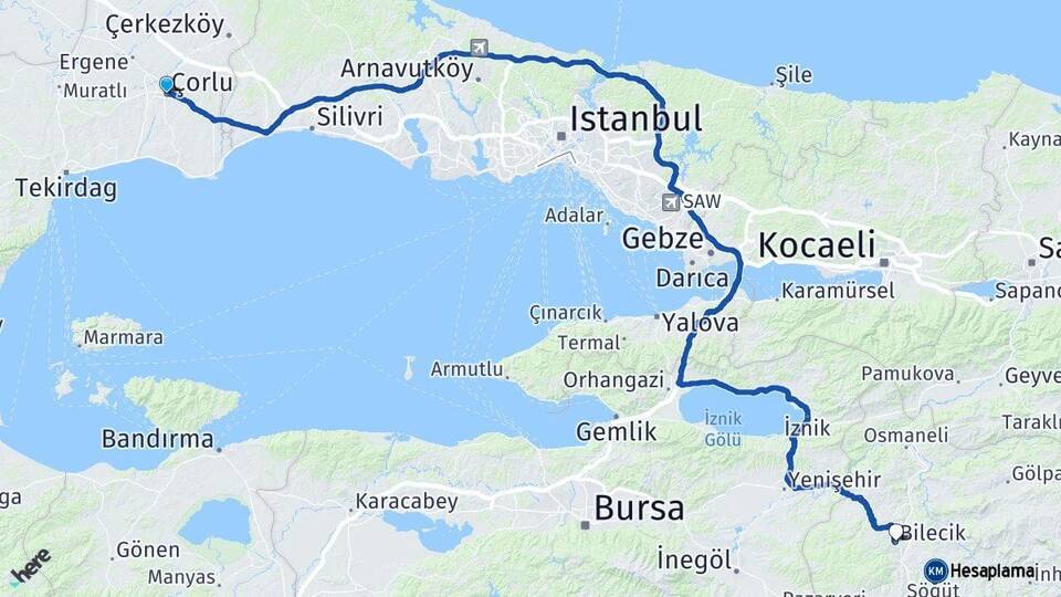 Tekirdağ Çorlu Bilecik Arası Kaç Km - Yol Haritası