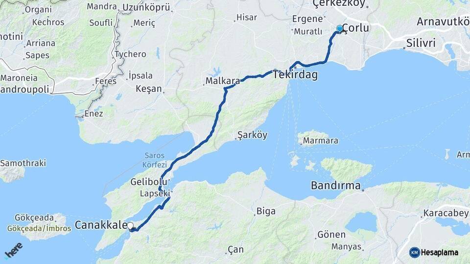 Tekirdağ Çorlu Çanakkale Arası Kaç Km - Yol Haritası