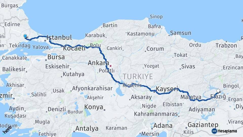 Tekirdağ Çorlu Elazığ Arası Kaç Km - Yol Haritası