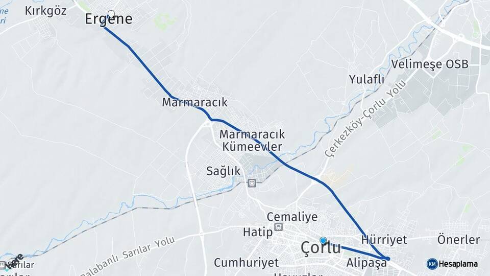 Tekirdağ Çorlu Ergene Arası Kaç Km - Yol Haritası