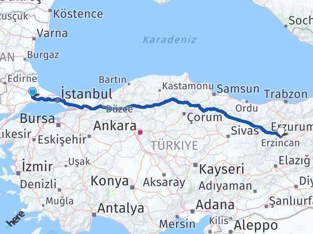 Tekirdağ Çorlu Erzincan Arası Kaç Km - Yol Haritası