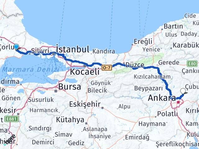 Tekirdağ Çorlu Esenboğa Havalimanı Arası Kaç Km - Yol Haritası