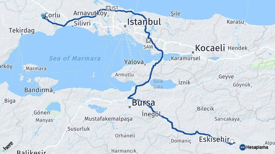 Tekirdağ Çorlu Eskişehir Arası Kaç Km - Yol Haritası
