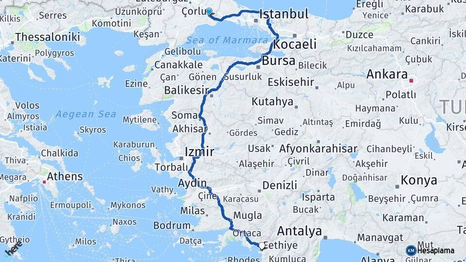 Tekirdağ Çorlu Fethiye Muğla Arası Kaç Km - Yol Haritası