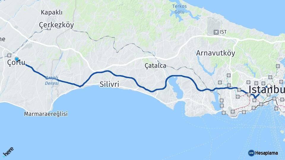 Tekirdağ Çorlu İstanbul Arası Kaç Km - Yol Haritası