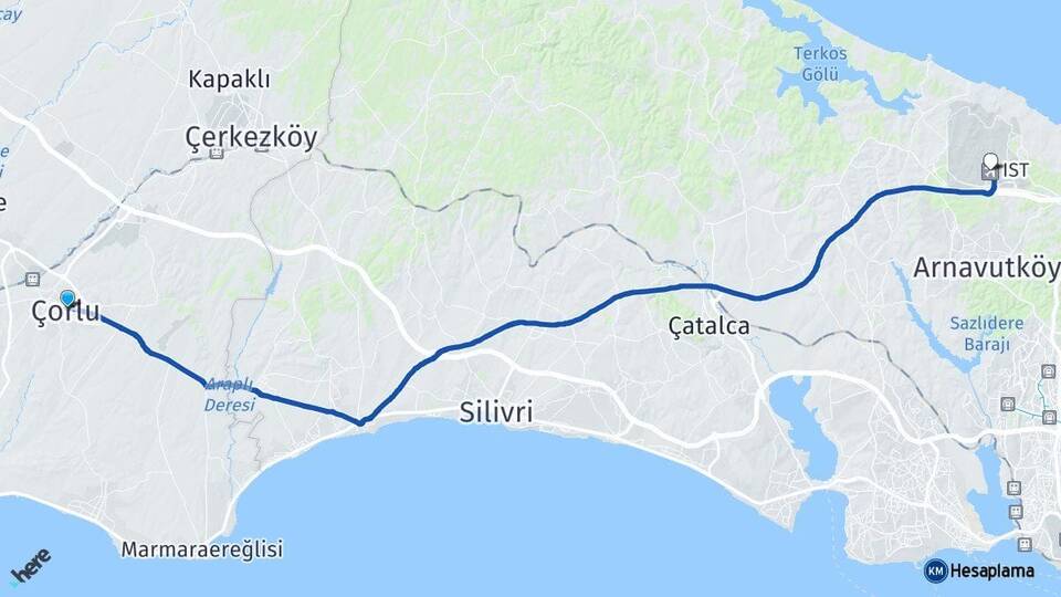Tekirdağ Çorlu İstanbul Havalimanı Arası Kaç Km - Yol Haritası
