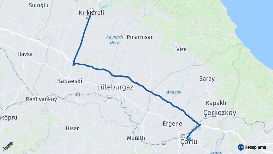 Tekirdağ Çorlu Kırklareli Arası Kaç Km - Yol Haritası