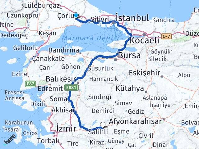 Tekirdağ Çorlu Kula Manisa Arası Kaç Km - Yol Haritası