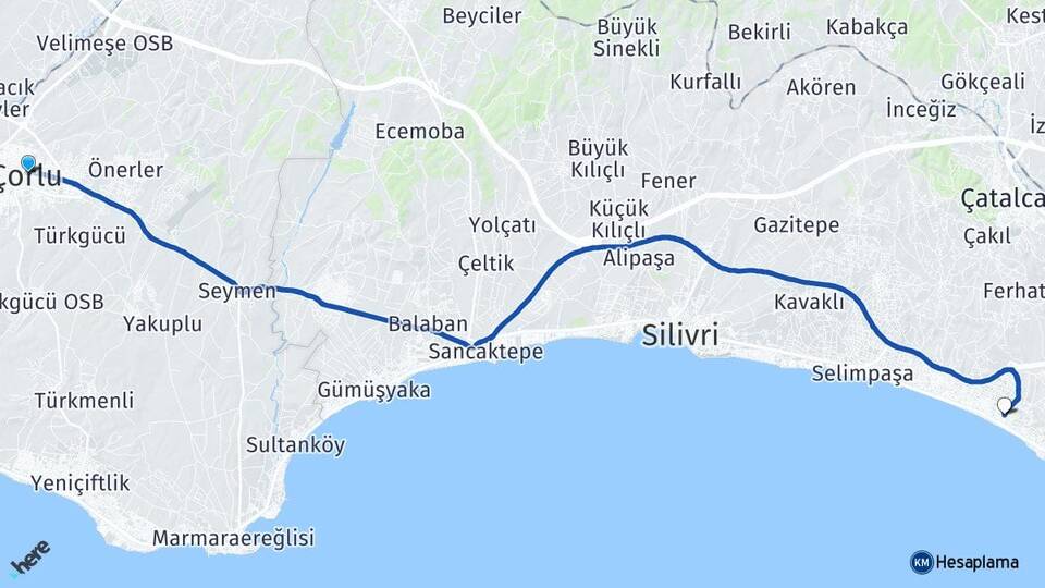 Tekirdağ Çorlu Kumburgaz Büyükçekmece İstanbul Arası Kaç Km - Yol Haritası
