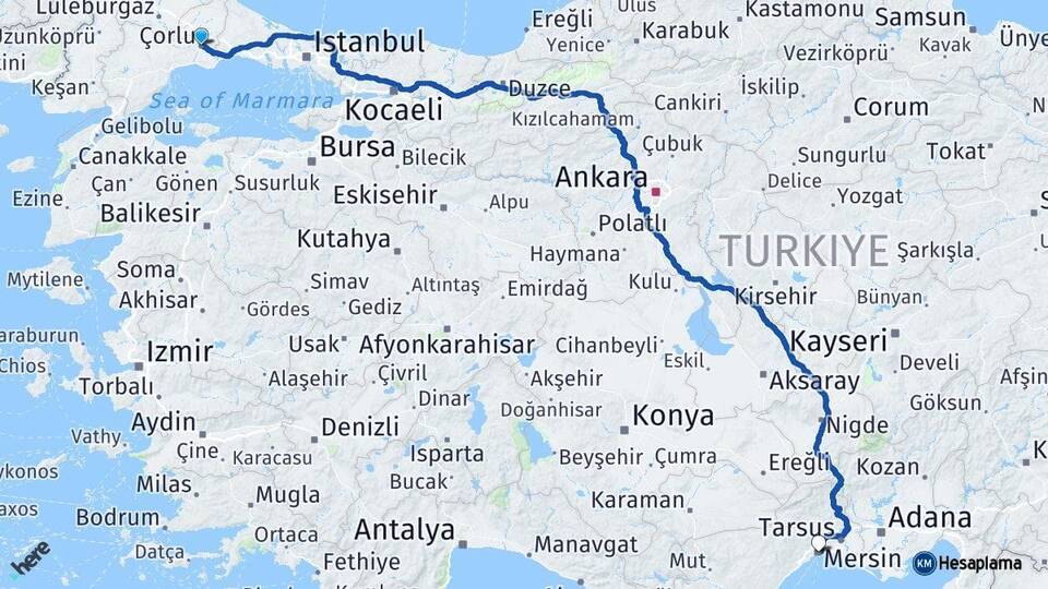 Tekirdağ Çorlu Mersin Arası Kaç Km - Yol Haritası