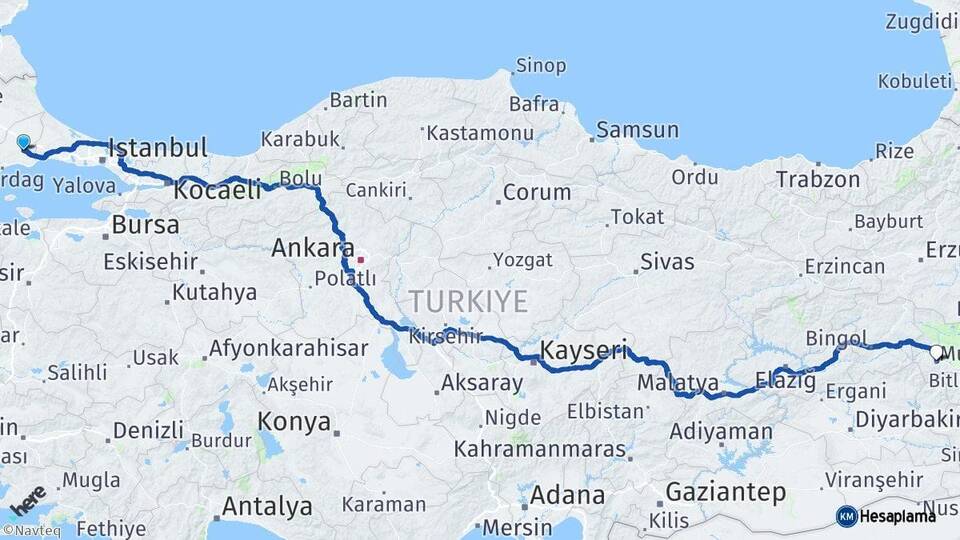 Tekirdağ Çorlu Muş Arası Kaç Km - Yol Haritası