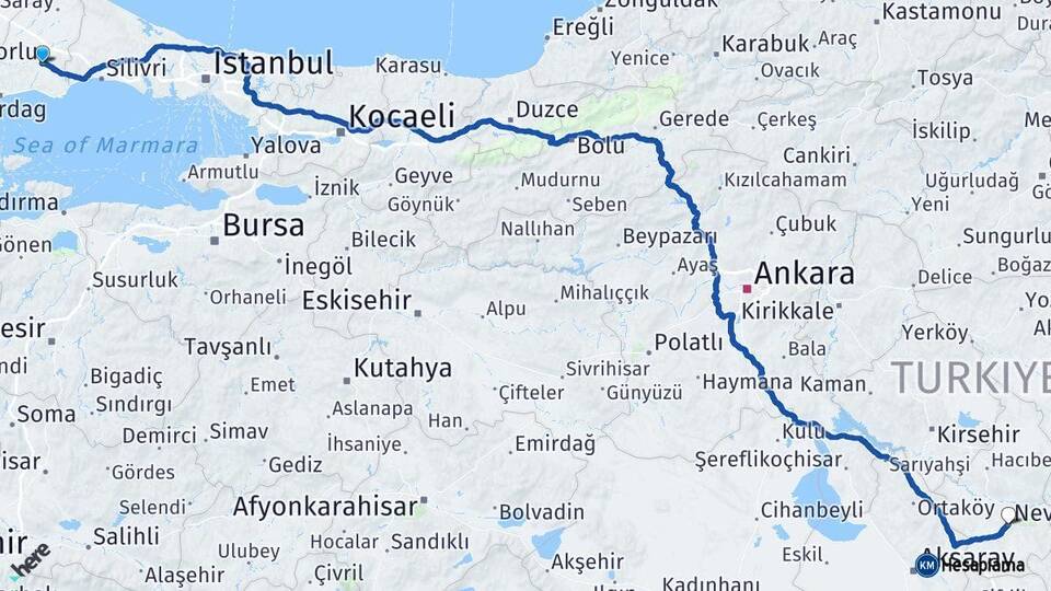 Tekirdağ Çorlu Nevşehir Arası Kaç Km - Yol Haritası