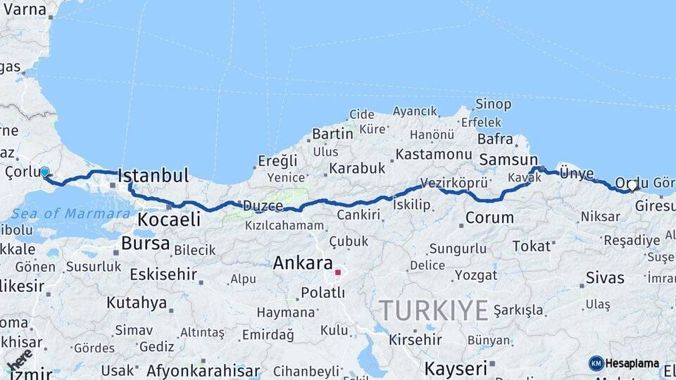 Tekirdağ Çorlu Ordu Arası Kaç Km - Yol Haritası